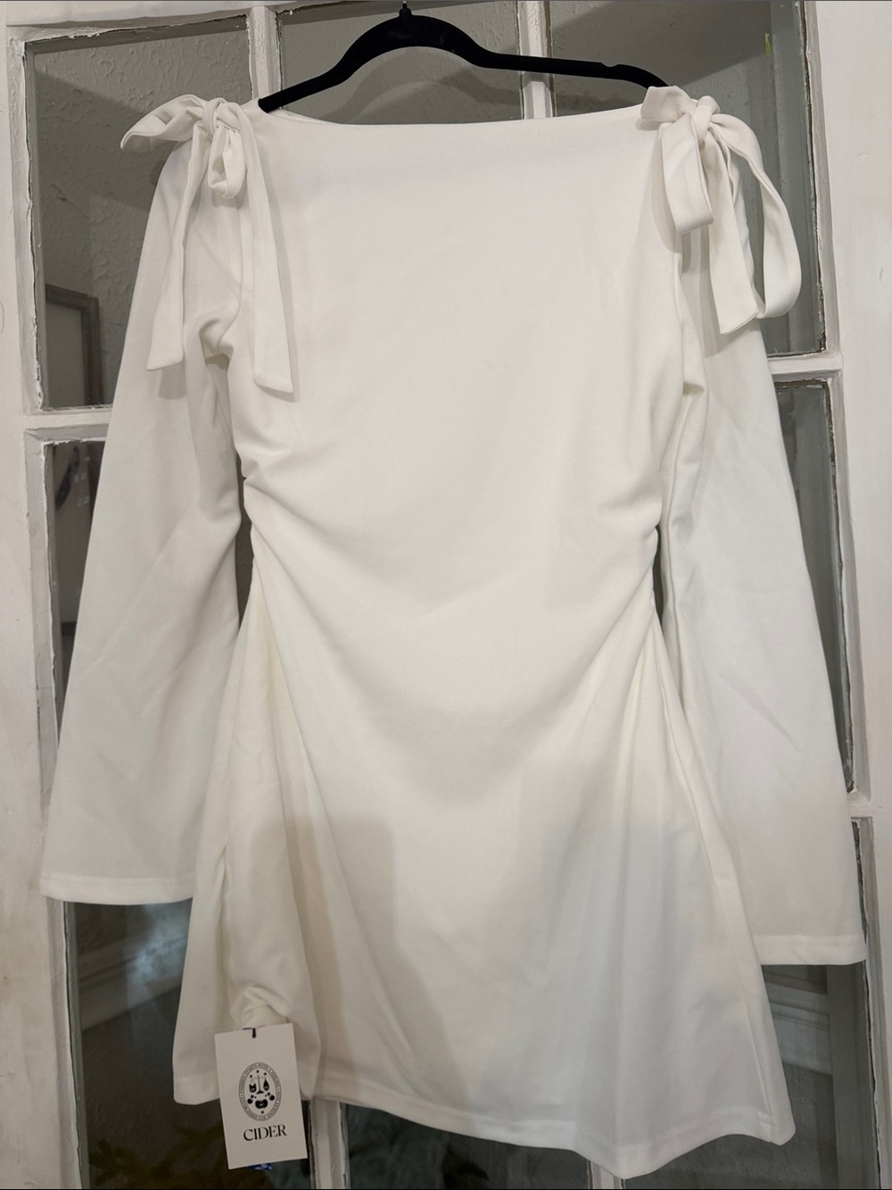 Cider White Long-Sleeve Tie-Shoulder Mini Dress